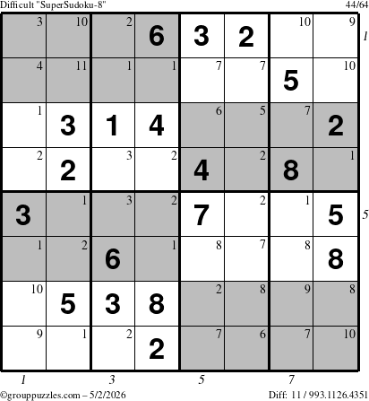 The grouppuzzles.com Difficult SuperSudoku-8 puzzle for Saturday May 2, 2026 with all 11 steps marked