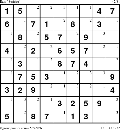 The grouppuzzles.com Easy Sudoku puzzle for Saturday May 2, 2026 with the first 3 steps marked