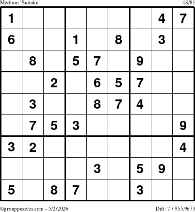 The grouppuzzles.com Medium Sudoku puzzle for Saturday May 2, 2026