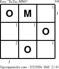 The grouppuzzles.com Easy TicTac-MNO puzzle for Saturday May 2, 2026 with all 2 steps marked