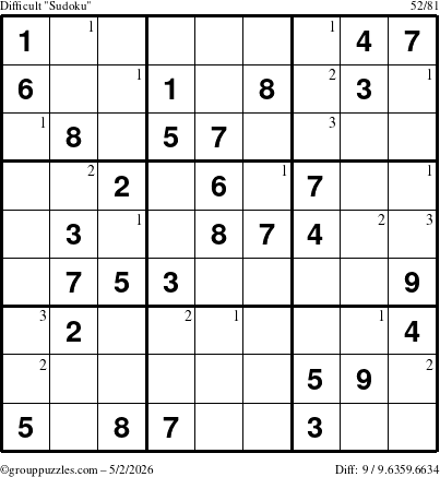 The grouppuzzles.com Difficult Sudoku puzzle for Saturday May 2, 2026 with the first 3 steps marked