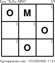 The grouppuzzles.com Easy TicTac-MNO puzzle for Saturday May 2, 2026 with the first 2 steps marked
