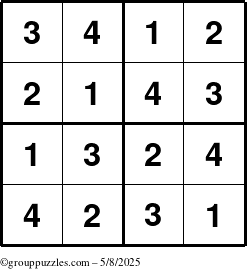 The grouppuzzles.com Answer grid for the Sudoku-4 puzzle for Thursday May 8, 2025