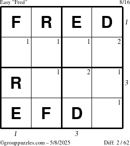 The grouppuzzles.com Easy Fred puzzle for Thursday May 8, 2025, suitable for printing, with all 2 steps marked