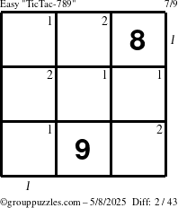 The grouppuzzles.com Easy TicTac-789 puzzle for Thursday May 8, 2025 with all 2 steps marked