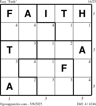 The grouppuzzles.com Easy Faith puzzle for Thursday May 8, 2025 with all 4 steps marked