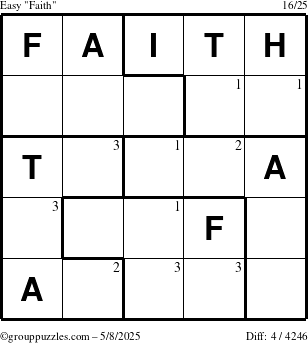 The grouppuzzles.com Easy Faith puzzle for Thursday May 8, 2025 with the first 3 steps marked