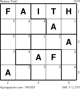 The grouppuzzles.com Medium Faith puzzle for Thursday May 8, 2025 with all 5 steps marked