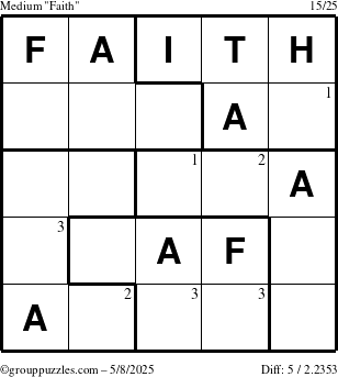 The grouppuzzles.com Medium Faith puzzle for Thursday May 8, 2025 with the first 3 steps marked