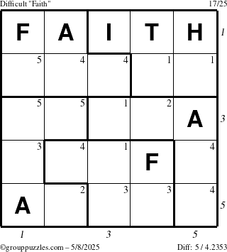 The grouppuzzles.com Difficult Faith puzzle for Thursday May 8, 2025 with all 5 steps marked