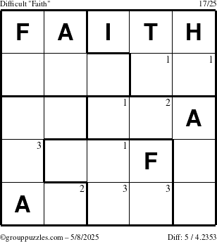The grouppuzzles.com Difficult Faith puzzle for Thursday May 8, 2025 with the first 3 steps marked