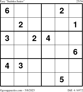The grouppuzzles.com Easy Sudoku-Junior puzzle for Thursday May 8, 2025