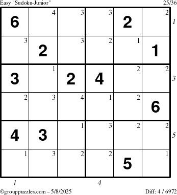 The grouppuzzles.com Easy Sudoku-Junior puzzle for Thursday May 8, 2025 with all 4 steps marked