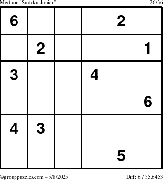 The grouppuzzles.com Medium Sudoku-Junior puzzle for Thursday May 8, 2025