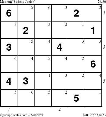 The grouppuzzles.com Medium Sudoku-Junior puzzle for Thursday May 8, 2025 with all 6 steps marked