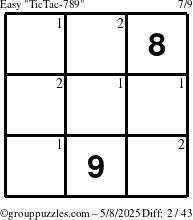 The grouppuzzles.com Easy TicTac-789 puzzle for Thursday May 8, 2025 with the first 2 steps marked