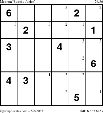 The grouppuzzles.com Medium Sudoku-Junior puzzle for Thursday May 8, 2025 with the first 3 steps marked