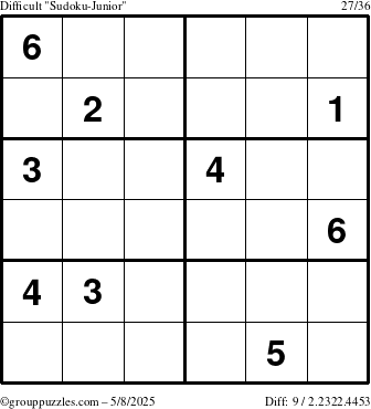 The grouppuzzles.com Difficult Sudoku-Junior puzzle for Thursday May 8, 2025