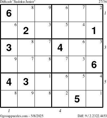 The grouppuzzles.com Difficult Sudoku-Junior puzzle for Thursday May 8, 2025 with all 9 steps marked