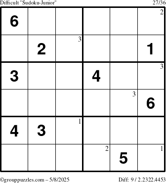 The grouppuzzles.com Difficult Sudoku-Junior puzzle for Thursday May 8, 2025 with the first 3 steps marked