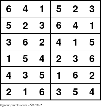 The grouppuzzles.com Answer grid for the Sudoku-Junior puzzle for Thursday May 8, 2025