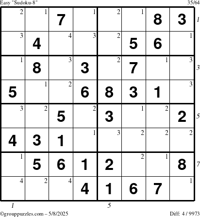 The grouppuzzles.com Easy Sudoku-8 puzzle for Thursday May 8, 2025 with all 4 steps marked