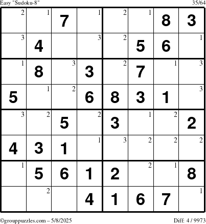The grouppuzzles.com Easy Sudoku-8 puzzle for Thursday May 8, 2025 with the first 3 steps marked