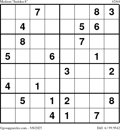 The grouppuzzles.com Medium Sudoku-8 puzzle for Thursday May 8, 2025