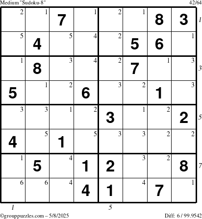 The grouppuzzles.com Medium Sudoku-8 puzzle for Thursday May 8, 2025 with all 6 steps marked