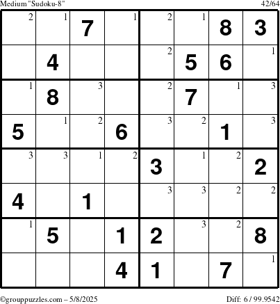 The grouppuzzles.com Medium Sudoku-8 puzzle for Thursday May 8, 2025 with the first 3 steps marked