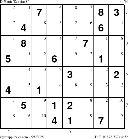 The grouppuzzles.com Difficult Sudoku-8 puzzle for Thursday May 8, 2025 with all 10 steps marked