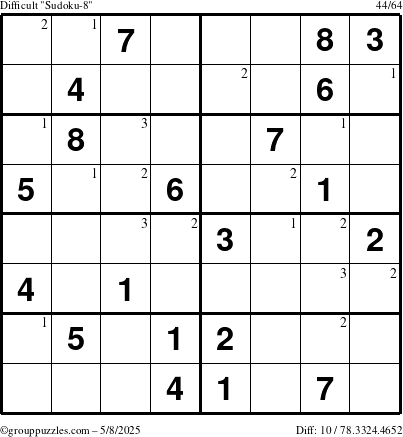 The grouppuzzles.com Difficult Sudoku-8 puzzle for Thursday May 8, 2025 with the first 3 steps marked