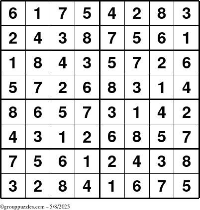 The grouppuzzles.com Answer grid for the Sudoku-8 puzzle for Thursday May 8, 2025