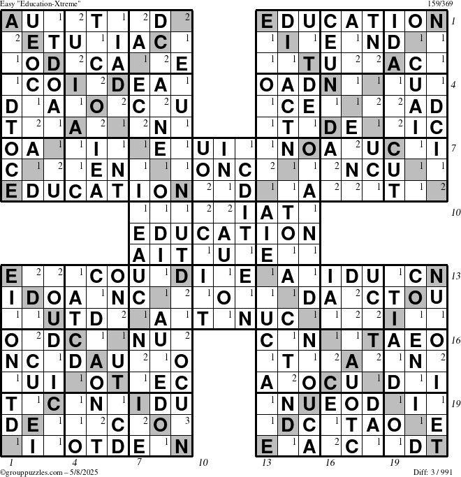 The grouppuzzles.com Easy Education-Xtreme puzzle for Thursday May 8, 2025 with all 3 steps marked
