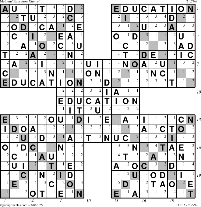The grouppuzzles.com Medium Education-Xtreme puzzle for Thursday May 8, 2025 with all 5 steps marked