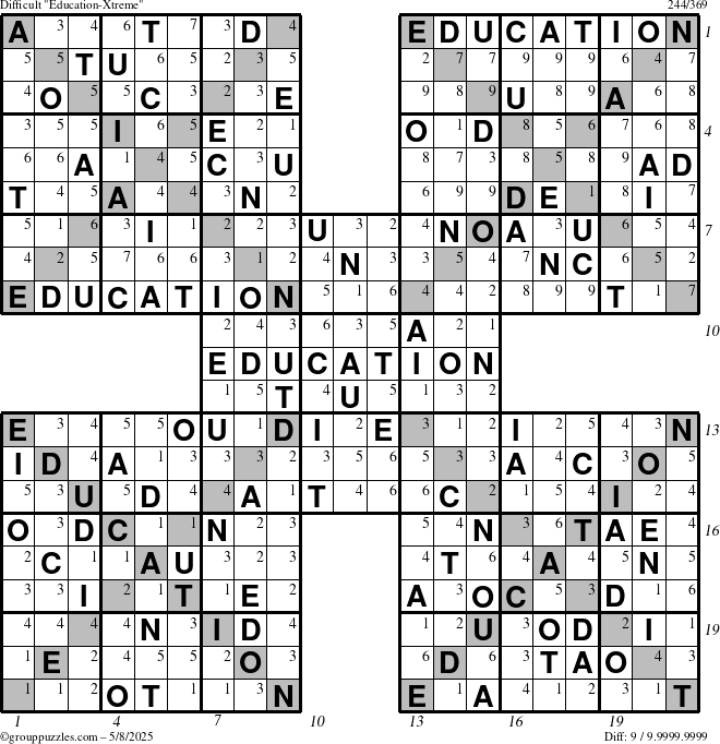 The grouppuzzles.com Difficult Education-Xtreme puzzle for Thursday May 8, 2025 with all 9 steps marked