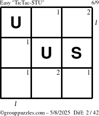 The grouppuzzles.com Easy TicTac-STU puzzle for Thursday May 8, 2025 with all 2 steps marked
