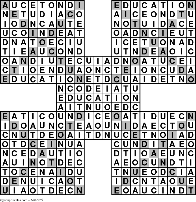 The grouppuzzles.com Answer grid for the Education-Xtreme puzzle for Thursday May 8, 2025