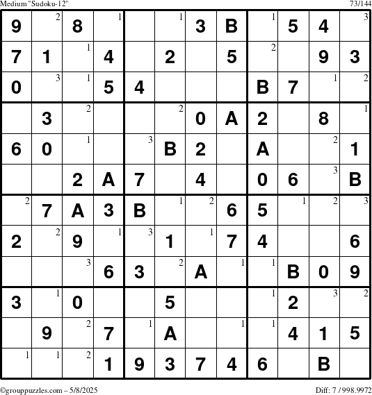 The grouppuzzles.com Medium Sudoku-12 puzzle for Thursday May 8, 2025 with the first 3 steps marked