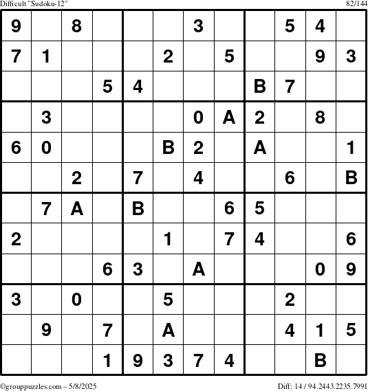 The grouppuzzles.com Difficult Sudoku-12 puzzle for Thursday May 8, 2025