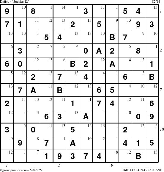 The grouppuzzles.com Difficult Sudoku-12 puzzle for Thursday May 8, 2025 with all 14 steps marked