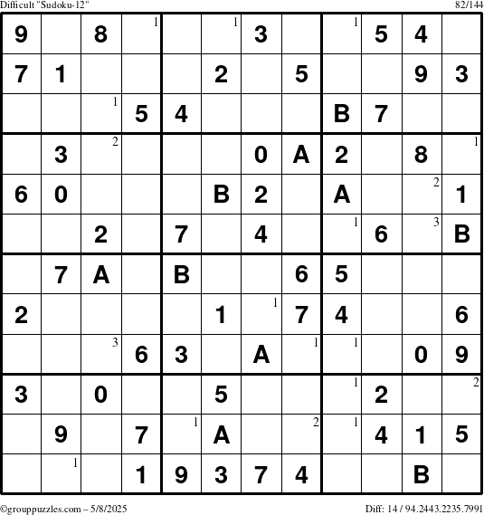 The grouppuzzles.com Difficult Sudoku-12 puzzle for Thursday May 8, 2025 with the first 3 steps marked