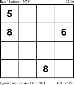 The grouppuzzles.com Easy Sudoku-4-5678 puzzle for Monday November 11, 2024