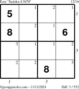 The grouppuzzles.com Easy Sudoku-4-5678 puzzle for Monday November 11, 2024, suitable for printing, with all 3 steps marked