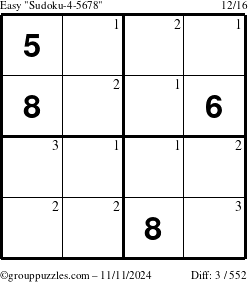 The grouppuzzles.com Easy Sudoku-4-5678 puzzle for Monday November 11, 2024 with the first 3 steps marked