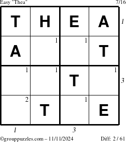 The grouppuzzles.com Easy Thea puzzle for Monday November 11, 2024 with all 2 steps marked