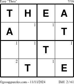 The grouppuzzles.com Easy Thea puzzle for Monday November 11, 2024 with the first 2 steps marked