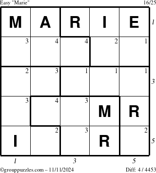 The grouppuzzles.com Easy Marie puzzle for Monday November 11, 2024 with all 4 steps marked