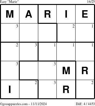 The grouppuzzles.com Easy Marie puzzle for Monday November 11, 2024 with the first 3 steps marked