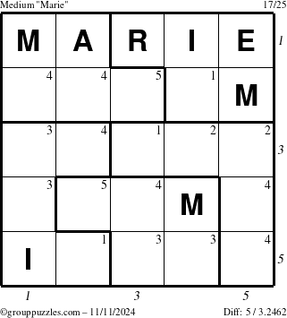 The grouppuzzles.com Medium Marie puzzle for Monday November 11, 2024 with all 5 steps marked